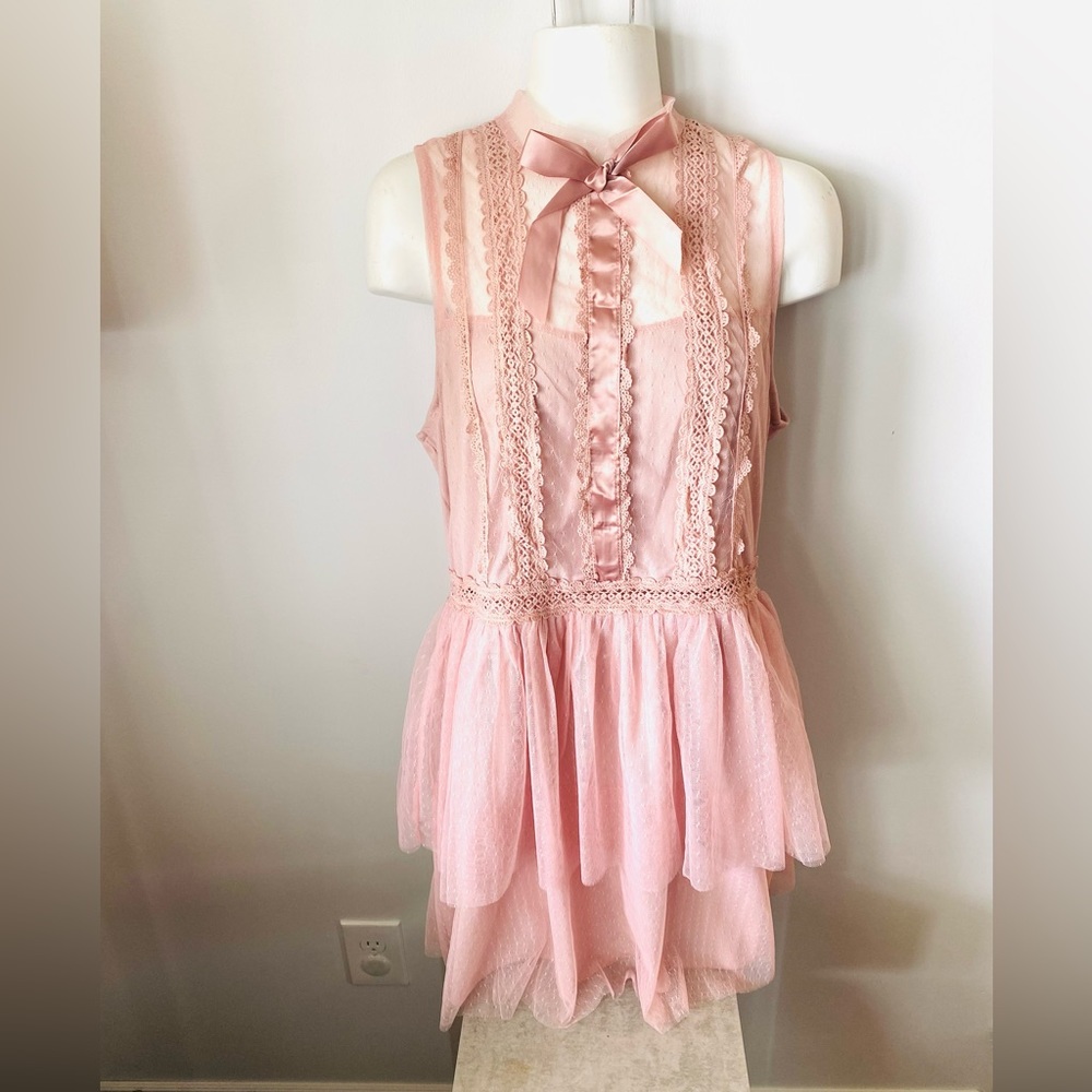 NEW ChicMe Blush Pink Lace Dot Mesh Bowknot Decor Dress Size XL